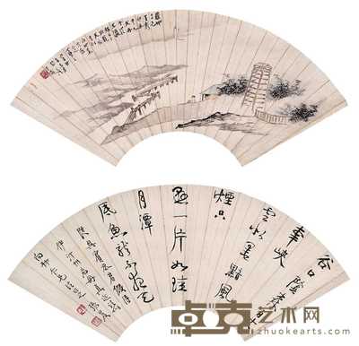 张大千 丁卯（1927年）作 高仕图双挖 扇面 50×18.5cm